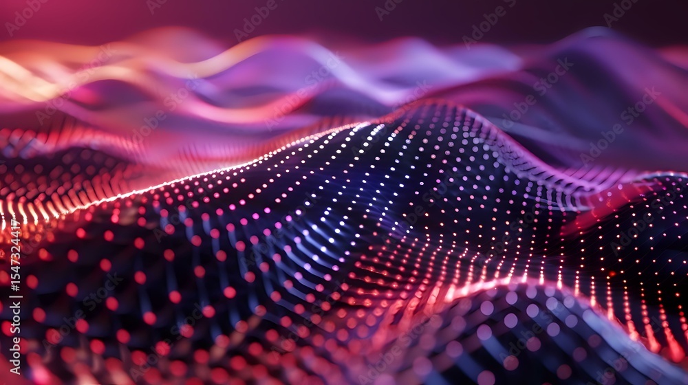 Poster abstract digital wave pattern with glowing red and purple dots forming dynamic flowing surface again