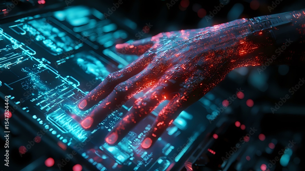 Poster glowing red digital hand touches futuristic circuit board interface with cyan illumination, creating