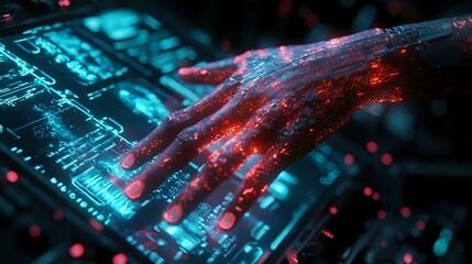 Glowing red digital hand touches futuristic circuit board interface with cyan illumination, creating ethereal light effects against dark background. For technology concepts.