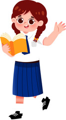 Animated Schoolgirl with Braids, Holding Book, Waving Hello