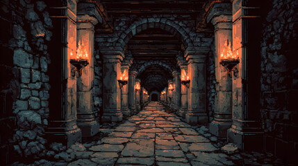 8-bit Dungeon Corridor Dark pixel-art stone walls with torches flickering on either side