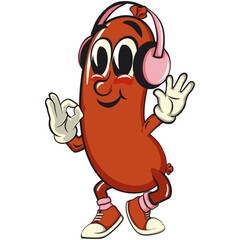 Cheerful sausage cartoon mascot listening to headset while dancing calm, fun meat snack character illustration, isolated high-quality vector perfect for branding and design use, work of hand drawn
