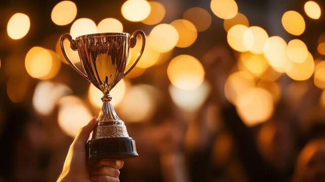 Hand holding trophy in celebration with blurred crowd cheering, victory recognition, award ceremony, achievement success, sports competition, festive atmosphere.