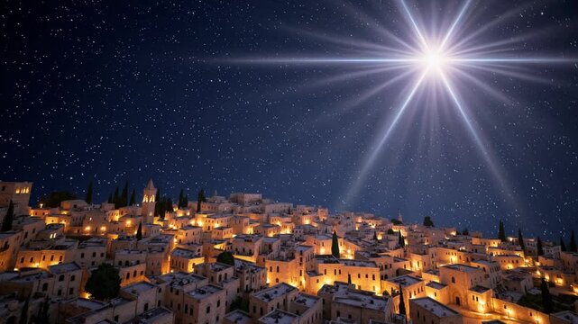 Bright Star of Bethlehem shining over ancient city under starry night sky, symbolizing nativity, hope, divine guidance, Christmas story, and spiritual miracle in biblical setting