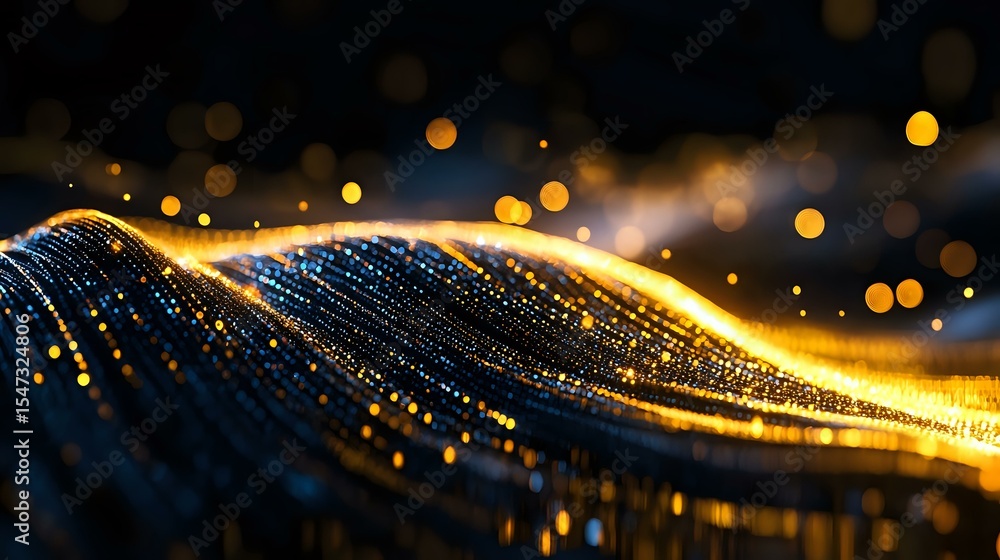 Poster glowing golden wave with sparkling particles on dark background, abstract light trails and bokeh eff