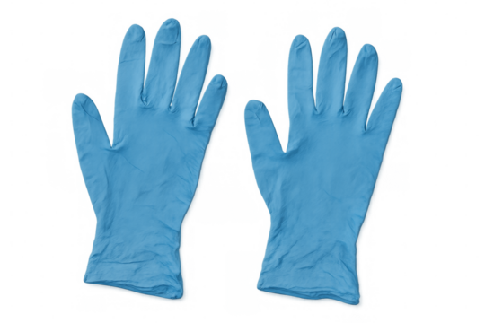 Two blue nitrile gloves protecting hands on transparent background