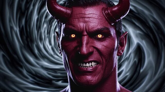 Red-skinned horned demon with glowing yellow eyes emerging from swirling vortex, concept of dark fantasy, supernatural power, evil sorcery, demonic entity and hellish manifestation