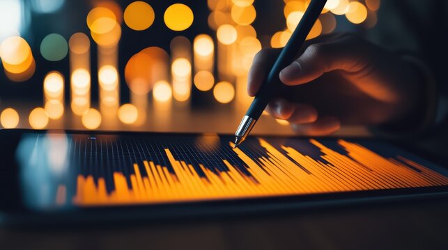 Hand using digital tablet to analyze data visualization with graphs and charts, business analytics concept, technology background, modern workspace. - Powered by Adobe