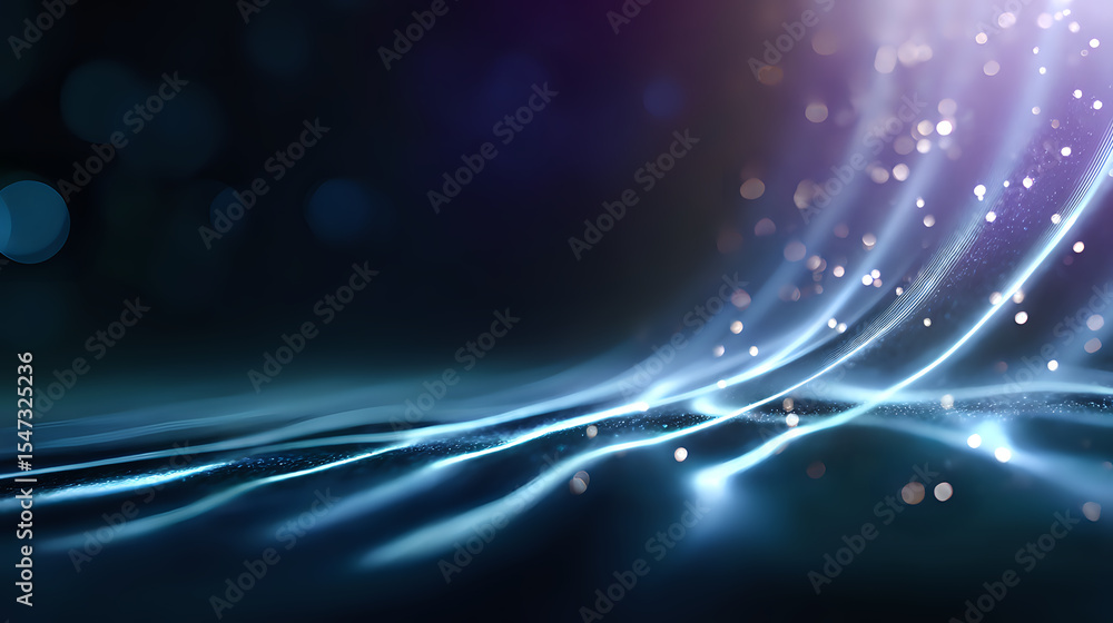 Poster glowing blue light waves with sparkles and bokeh effects on dark background create dynamic motion an