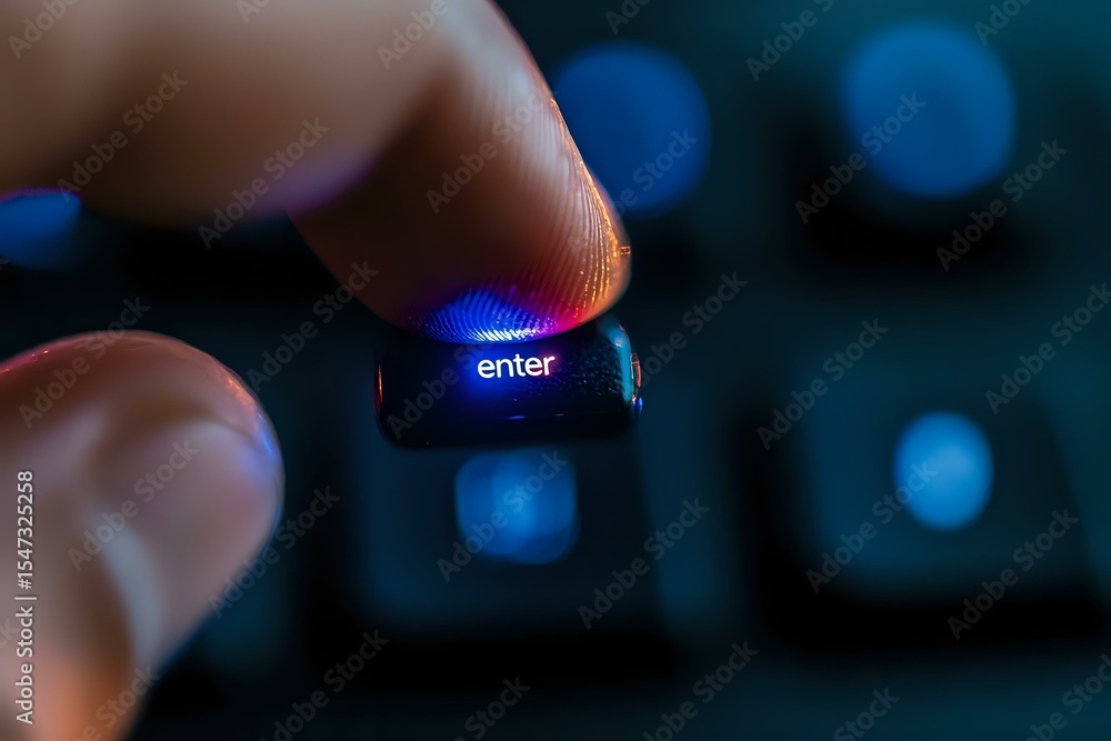 Poster finger pressing illuminated enter key on keyboard with blue backlight glow in dark environment, crea