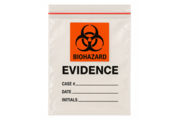 Plastic bag containing biohazard evidence on transparent background