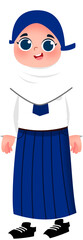 Cartoon Girl in School Uniform with Headscarf, Pleated Skirt, and Sneakers