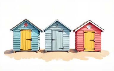 Whimsical beach hut riso print design element. Colorful cute screen print effect. Playful summer uk seaside staycation illustration.  High resolution british travel art icon motif isolated on white.