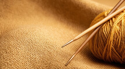 Close-up of golden yarn and knitting needles on textured fabric, perfect for crafting inspiration