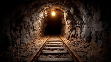Obraz premium Underground mine tunnel with railway tracks leading into darkness and a bright light at the end