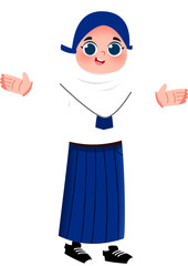 Friendly girl in blue hijab and skirt, hands outstretched.