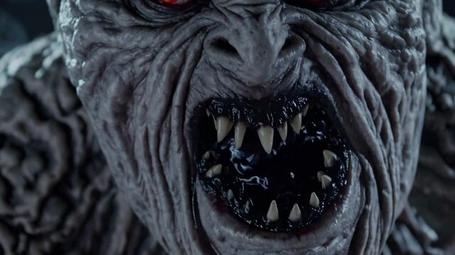 Close-up of monstrous demonic beast with sharp fangs and glowing eyes, representing pure evil, nightmare fuel, fantasy horror creature, and fearsome supernatural terror