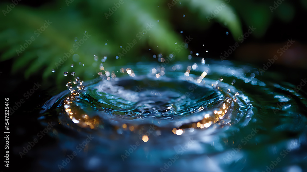Poster macro photography of water drop impact creating crown splash effect with golden light reflections an