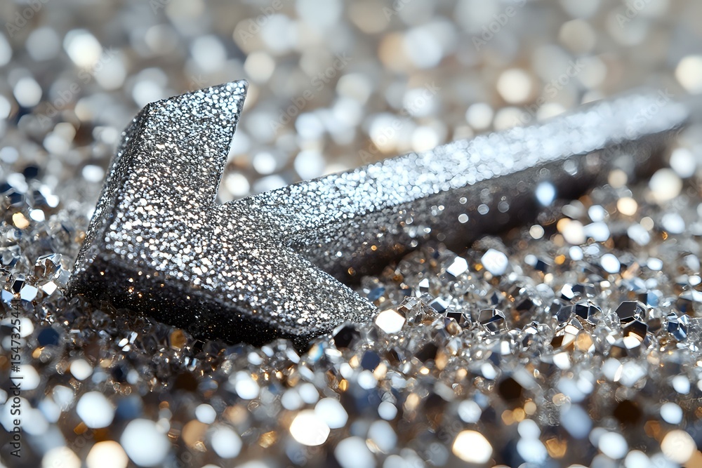 Poster metallic silver arrow symbol on glittering background with bokeh effect and shallow depth of field, 