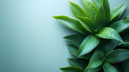 Fototapeta premium Fresh green aloe vera plant leaves with water drops on gradient turquoise background, natural skincare and wellness concept, copy space.