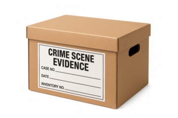 Cardboard box containing crime scene evidence on transparent background