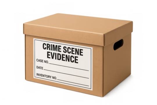 Cardboard box containing crime scene evidence on transparent background