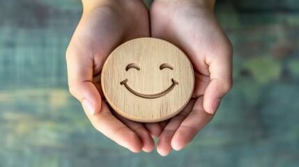 Hands holding wooden smiley face symbol on textured background expressing happiness and positivity in lifestyle, wellness, mental health and self-care themes.