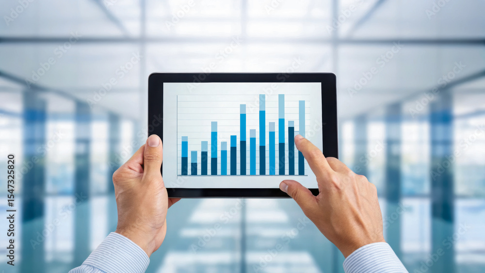 Poster a person holds a tablet displaying a bar graph in a modern office environment.