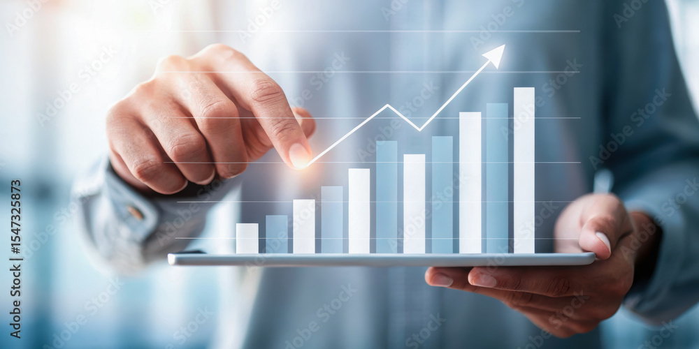 Poster a person analyzing data trends on a digital tablet, showcasing a graph with upward movement and bar 