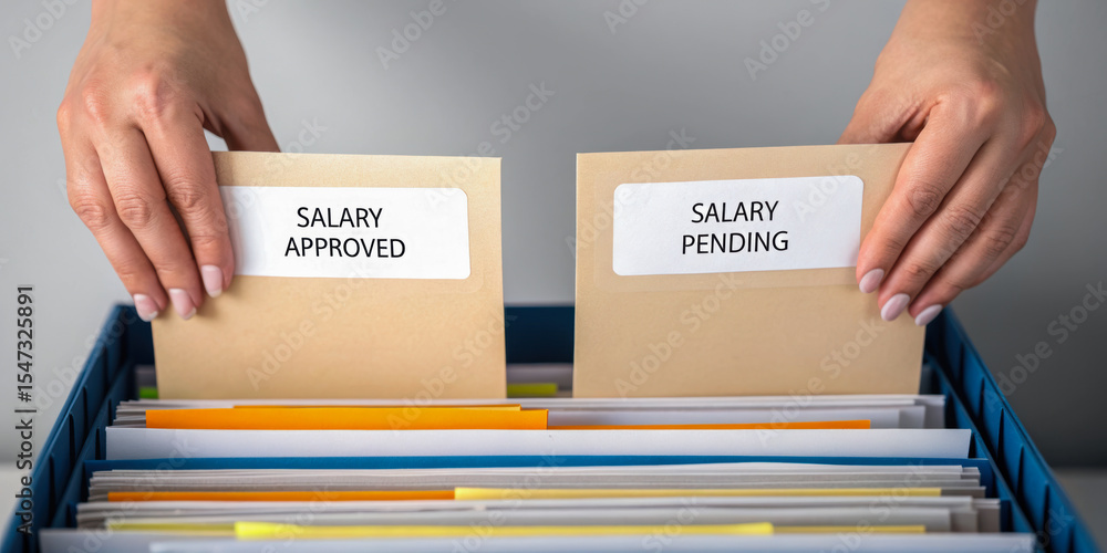 Aufkleber organized filing system showing hands sorting documents labeled 