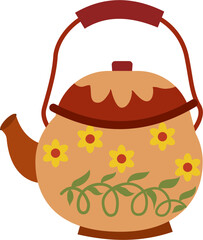 Floral Teapot: Simple Cartoon Illustration with Brown Accents and Yellow Flowers.