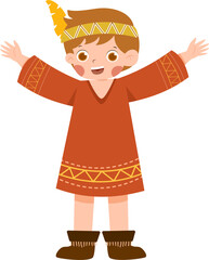 Boy in ethnic costume with feather headdress, arms outstretched in joy.