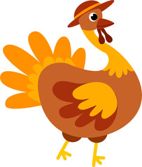 Cartoon Turkey in Brown Hat, Bright Feathers, Whimsical Illustration