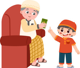 Grandfather reading to Grandson, Islamic culture, vector illustration.