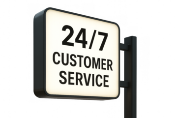 24/7 customer service sign displaying help availability on transparent background