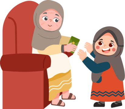 Smiling Woman in Hijab Giving Money to Cheerful Girl, Cartoon Style Illustration