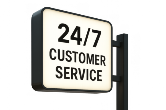 24/7 customer service sign displaying help availability on transparent background - Powered by Adobe