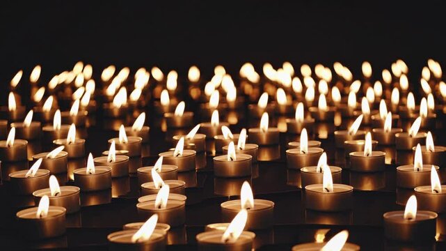 Hundreds of lit candles creating solemn visual tribute, concept of mass mourning, remembrance of victims, spiritual unity, emotional silence and memorial ceremonies in darkness