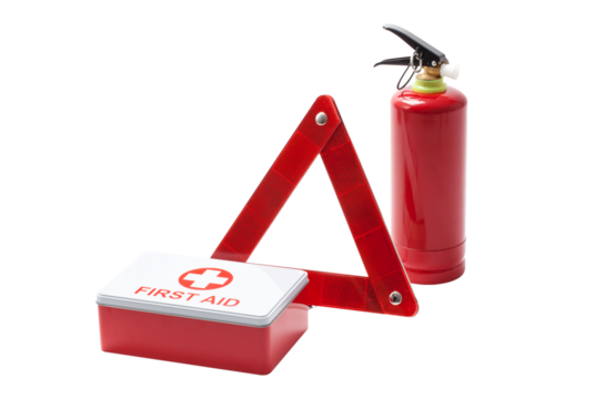 Road Triangle Fire Extinguisher And First Aid Kit Isolated