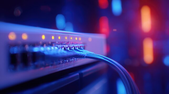 Close-up of a network switch with illuminated ports and cables in a vibrant data center background
