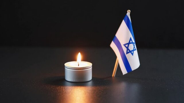 Memorial candle burning beside small Israeli flag on dark background, symbolizing Holocaust remembrance, national mourning, Yom HaShoah, and honoring fallen lives with solemn tribute