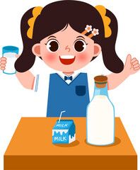 Smiling girl with milk, thumbs up, glass, carton, and bottle on a table.