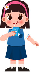 Cartoon Girl Sipping Milk with Straw, Wearing Pink Headband and Blue Uniform.