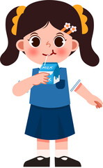 Girl with pigtails drinking milk from carton, floral hair clip, blue uniform.