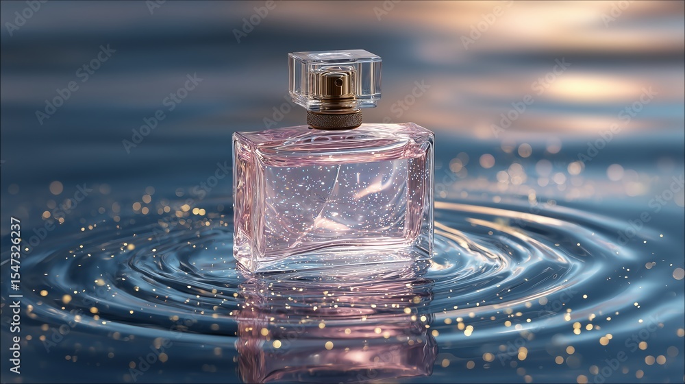 Poster elegant perfume bottle with sparkling liquid, surrounded by rippling water and soft bokeh lights, cr