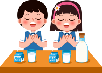Children Grateful for Milk: Cartoon Boy and Girl with Hands Clasped Before Cartons, Glass and Bottle.