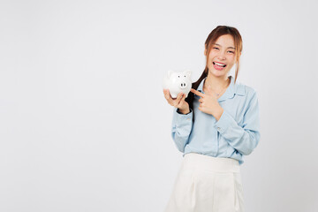 Portrait smile happy Asian woman holding piggy bank and pointing finger with piggy excitement...