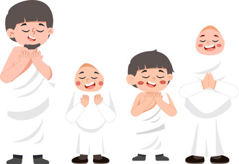 Praying Family, White Garments, Eyes Closed, Cartoon Style.