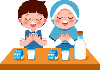 Children Praying Before Milk: Boy, Girl, and Table Setting.