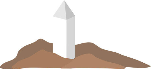Geometric Obelisk Rising from Earthy Mounds, Flat Design.